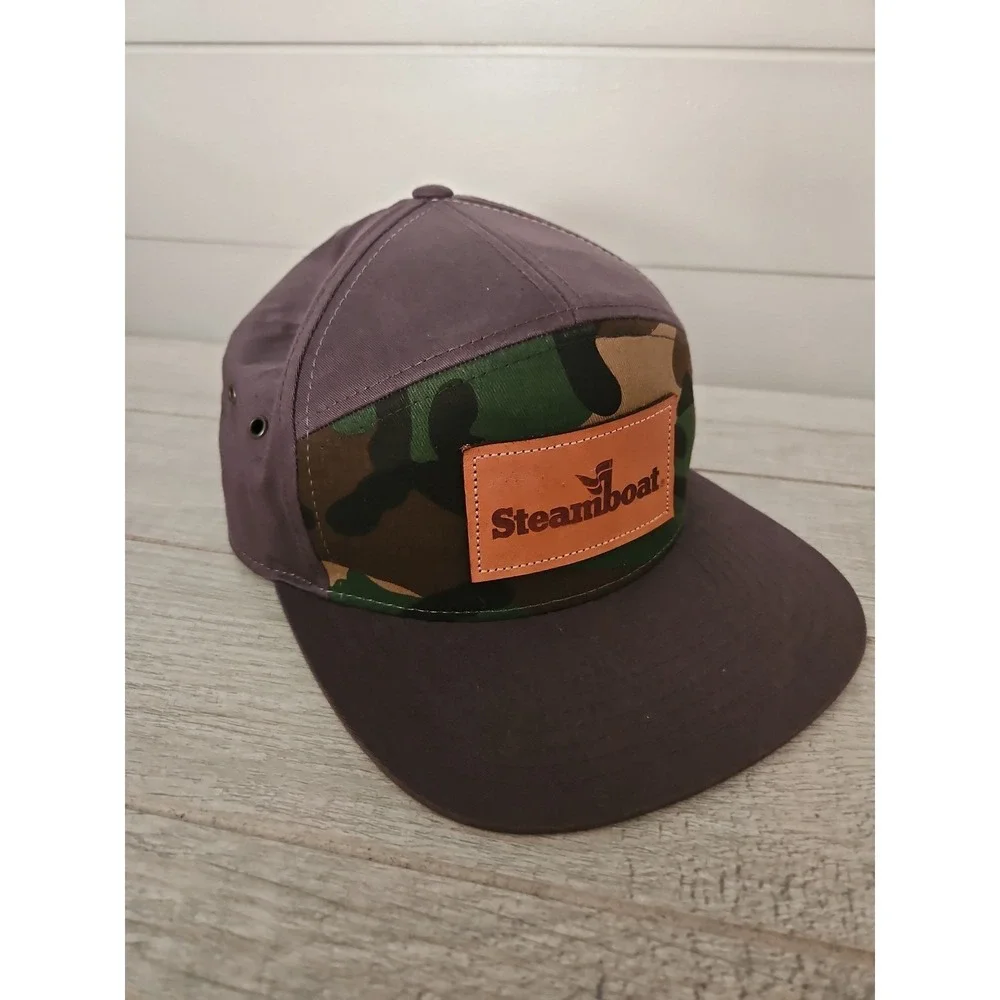 Steamboat Brown Camo Leather Patch Baseball Hat Strapback Adjustable Cap